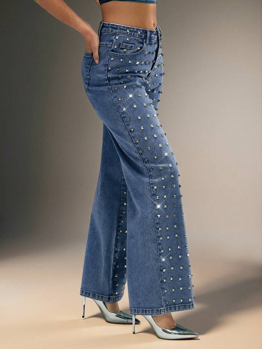 Denimoi Jeans de pierna ancha con lavado suave y remaches - Azul lavado medio - Ver 1