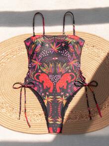 Swim Chiccia 女士夏季海滩度假定位印花吊带露背肩带连体泳衣，两侧可调节抽绳，修身 - 彩色 - 查看 2