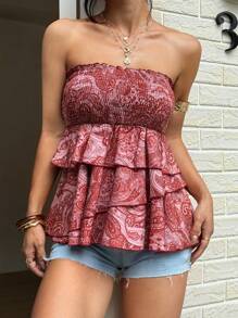 SHEIN Unity 女式夏季休闲度假深色佩斯利印花多层不对称荷叶边下摆抹胸上衣 - 紅色 - 查看 4