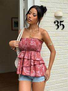 SHEIN Unity 女式夏季休闲度假深色佩斯利印花多层不对称荷叶边下摆抹胸上衣 - 紅色 - 查看 5