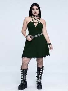 Whyspr 大码春夏深色性感修身休闲百搭大胆前卫领星十字系高腰修身蕾丝拼布下摆日常连衣裙，万圣节 - 墨綠色 - 查看 5