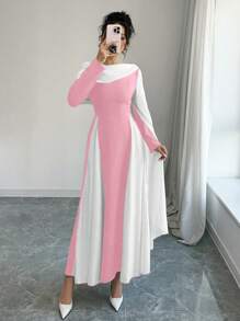 Rafferiza 女士圆领褶皱拼色连衣裙，袖子较大