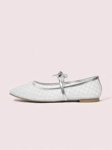 CUCCOO DOLLMOD Women's Fashion Versatile Breathable Mesh & PU Silver Flat Slip-On Shoes