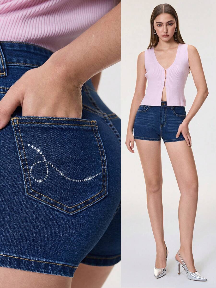 SHEIN Essnce Low Waist Denim Rhinestone Decorated Shorts For Women,New Summer Fashion Casual Elastic Fitted Sexy Slim Attractive Shorts - Blue - View 1