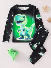 2 Piece Sets Snug Fit Night Wear Kids  Toddler Boys' Casual Cute Knit Digital Laser Dinosaur Pattern Round Neck Long Sleeve Top And Full Print Dinosaur Leggings Pajama Set, Comfortable And Stretchy For Spring & Summer Dinosaur Clothes For Boys Boys Outfit Sets Outfit For Boys Young Boys Pants Young Boys Suit Set Fathers Day Gifts Puppy Summer Beach Summer Clothes Pajamas Sets  Snug Fit Tight Fit Pajamas .This Product Requires UV Light Exposure To Glow.