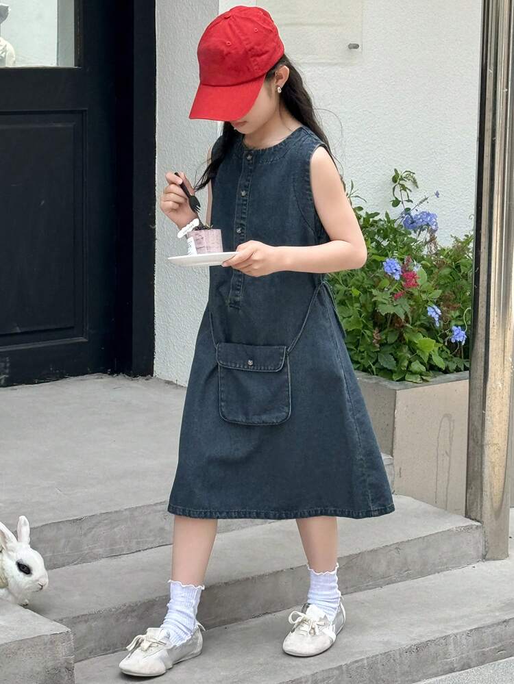 Tween Girl Crew Neck Sleeveless Denim Dress, Summer
