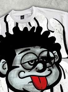 Manfinity Roghcode Men's Oversized Full Print Short Sleeve T-Shirt, Fashionable Street Style, Suitable For Summer Men's Cropped Tops, Graphic Tees Men Crop, Rapper Graphic Tees, Oversized T Shirt Men Anime - White - View 2