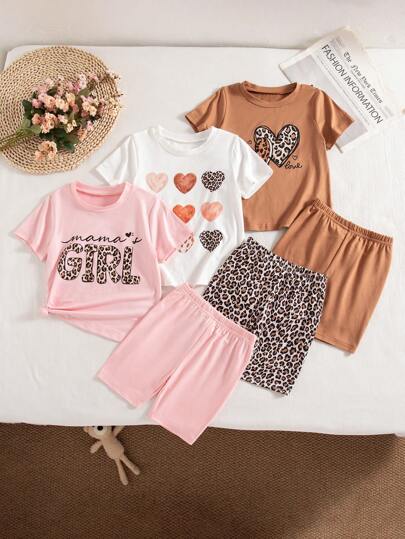 Genkimix Kids Set de 3 piezas de camiseta de manga corta con cuello redondo y pantalones cortos con estampado de corazones y leopardo para niñas pequeñas, conjunto de ropa casual a juego
