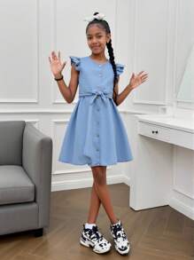 Vestido vaquero azul desgastado de manga corta con escote en V, ajustado y delgado, de uso versátil casual diario, para niñas adolescentes, verano - Azul lavado medio - Ver 3