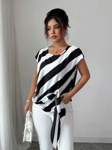 Franclia Women's Striped Commuter Elegant Short Sleeve Blouse - Black - View 7