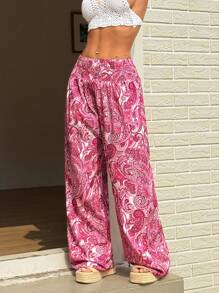 Sunnyshic Women's Casual Vacation Paisley Print Beach Pants Fall Cloth For Women - Hot Pink - View 4