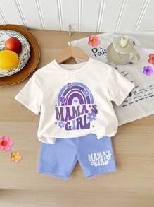 SHEIN 2 件年轻女孩休闲简约短袖上衣和短裤套装，适合夏季 - 彩色 - 查看 2