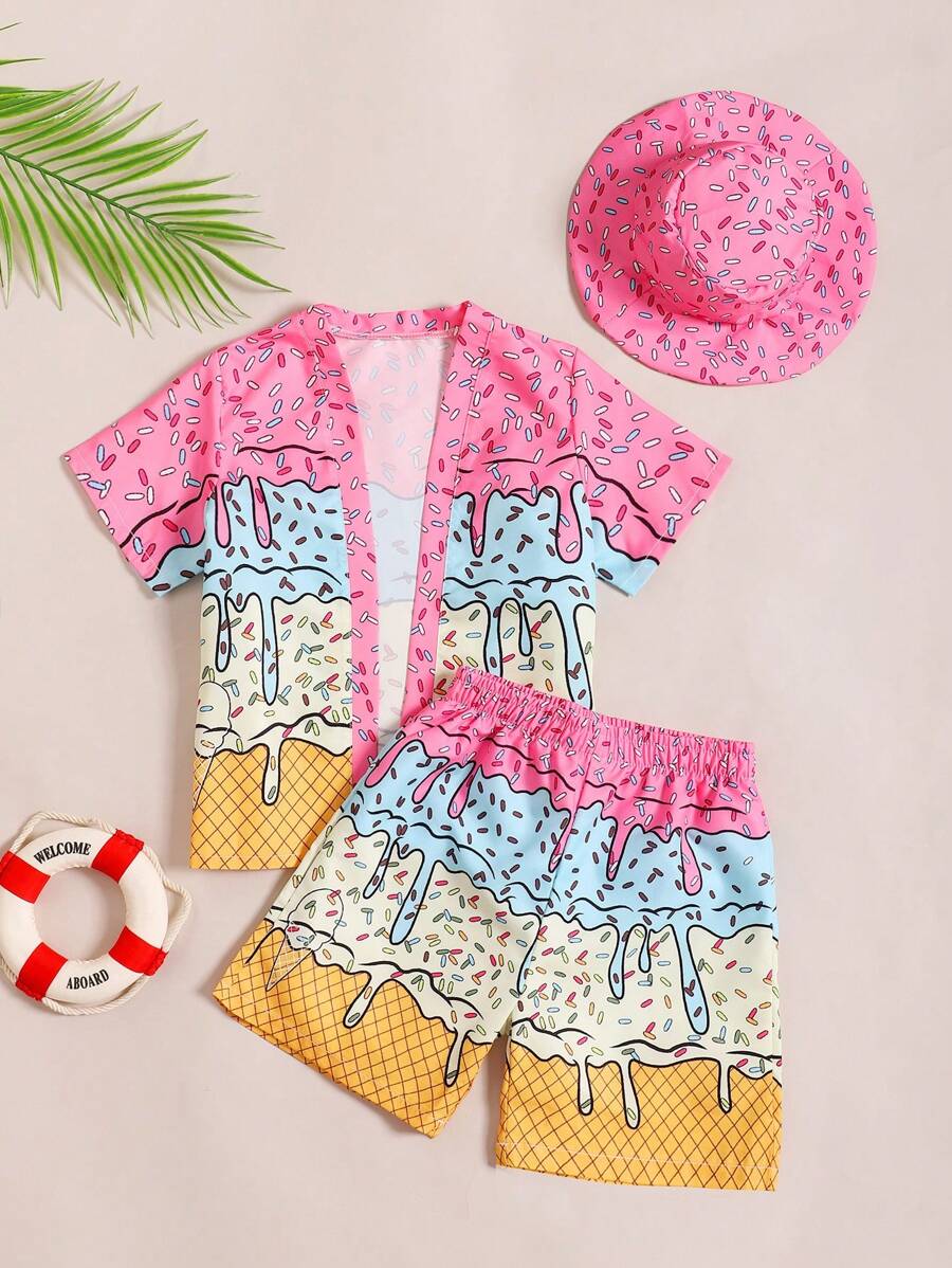 Young Boy's Contrast Color Splice Beach Coverup Set - Multicolor - View 1