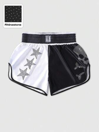 Goth Men's Sparkling Pentagram Skull Rhinestone Print Sports Shorts, Suitable For Boxing, Basketball