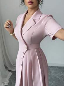 Elenzga 女士粉色优雅V领腰带独特设计褶皱短裙 - 粉色 - 查看 6