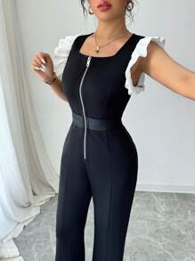 INAWLY Women's Elegant Floral Lace Contrast Color Zip Front Black Jumpsuit - Black - View 4