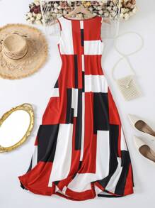 Damen Kleid mit geometrischem Muster, ärmellos, Rundausschnitt, mit Taschen