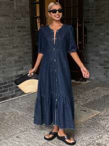 Livesso Women's Casual Front Button Down Long Denim Dress, Spring/Summer