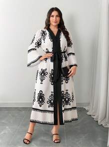 Modelyn Plus Size Women's Elegant Modest Dress: Long Sleeve, V Neck, Belted, Flared Hem, Black And White Floral Print Woven Fabric Maxi Dress - Multicolor - View 8