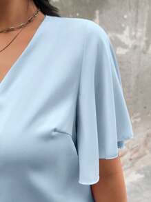 Calvaya Plus Size Solid Color V-Neck Button-Up Short Sleeve Shirt - Baby Blue - View 7