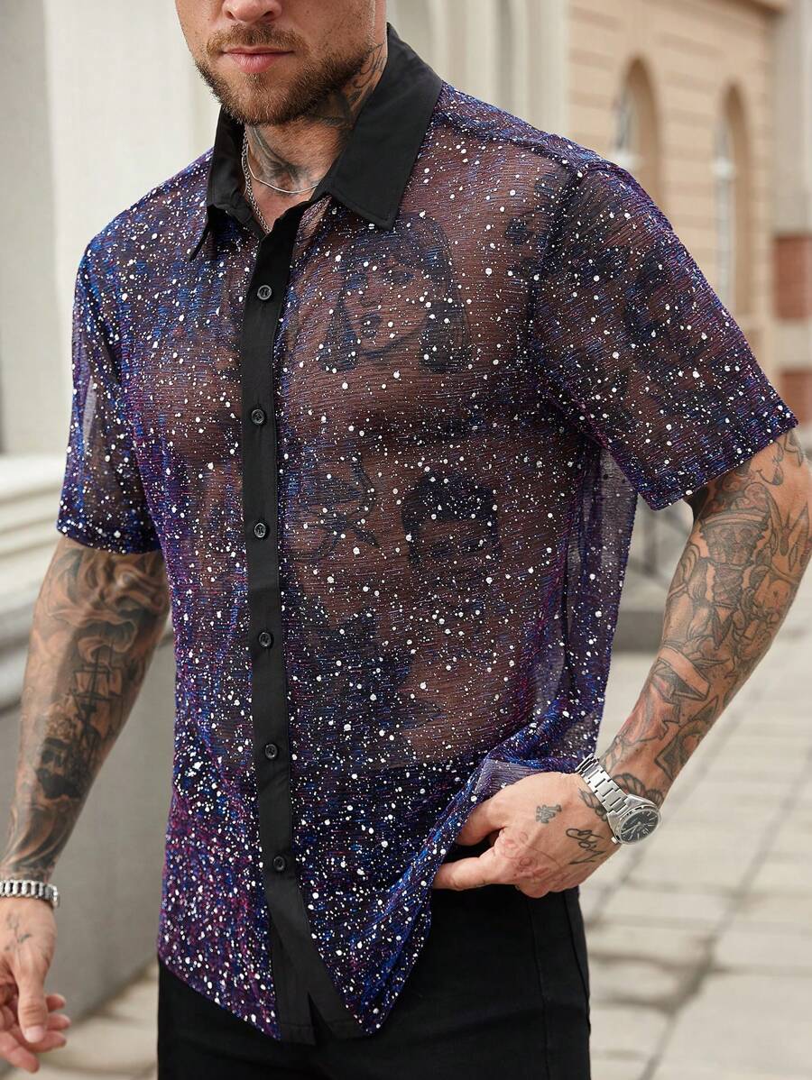 Manfinity Homme 男士性感亮片透视衬衫，夏季 - 米色 - 查看 1