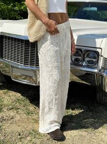 SHEIN EZwear Quần ống đứng rộng rãi họa tiết hoa lưng thun cho nữ - Màu be - Xem 5