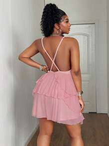 Maweii Sexy Elegant Mesh Patchwork Criss-Cross Spaghetti Strap V-Neck Plus Size Pink Romper - Pink - View 2