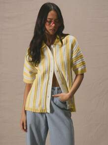 MUSERA Cardigan court à manches courtes, boutonnage traversant, épaules tombantes, style oversize rayé. printemps-été, idéal pour les vacances, la plage, l'aéroport, le quotidien chic - Jaune citron - Voir 1