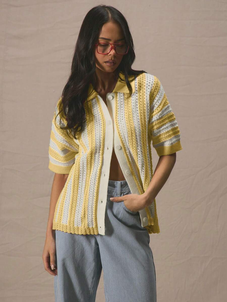 MUSERA Cardigan court à manches courtes, boutonnage traversant, épaules tombantes, style oversize rayé. printemps-été, idéal pour les vacances, la plage, l'aéroport, le quotidien chic - Jaune citron - Voir 1
