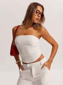 SHEIN BAE Women's Summer Solid Color Asymmetrical Hem Fashion Fitted Tube Top - White - View 4
