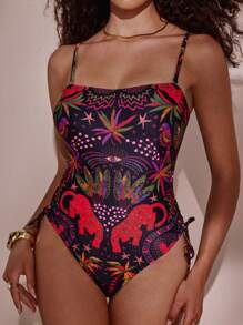 Swim Chiccia 女士夏季海滩度假定位印花吊带露背肩带连体泳衣，两侧可调节抽绳，修身 - 彩色 - 查看 1