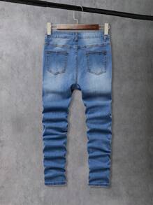 SHEIN Teen Boy Y2K Fashion Casual Blue Denim Cut Out Ripped Frayed Blue Patchwork Stretch Skinny Teen Boy Jeans For Boy Soft Dailywear And The Four Seasonsr Teen Boy Summer Clothes - Light Wash - View 2