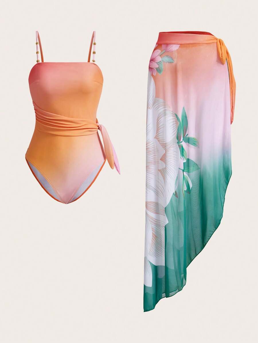 Swim Oasis Elegant Romantic Summer Beach Vacation Floral Sunset Gradient Color Jumper & Skirt 2-In-1 Premium Set - Multicolor - View 1