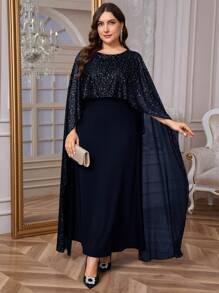 SHEIN Privé 大码女式优雅浪漫时尚性感风格黑色长款紧身连衣裙，适合派对、度假、返校、办公室、闪亮斗篷 - 藏蓝色 - 查看 2