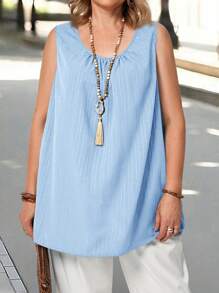 EMERY ROSE Ropa de talla grande para maestros, camiseta de tirantes de cuello redondo de unicolor para el verano - Celeste - Ver 4