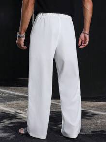 Manfinity Homme Men's White Pants, Textured Soft Single Pleat, Summer Thin Straight Leg Loose White Casual Trousers Wide Leg Pants Men Clothing Men Pants Men Wide Leg Pants Men Pants Wide Leg Men's Wide Leg Trouser, Fall - White - View 2