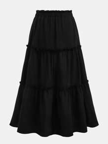 Girlism Teen Girl Black,Ruffle Skirt Boho Long Skirt Break Paperbag Waist Frill Trim Ruffle Hem Skirt