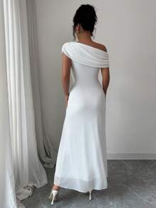 NOVVYNE 女式网眼不对称褶饰下摆优雅法式连衣裙 - 白色 - 查看 2