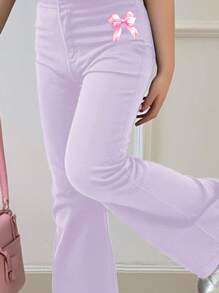 SHEIN Tween Girl Casual Minimalist Short Sleeve Top & Pants 2 Pieces Set, Suitable For Summer - Purple - View 4