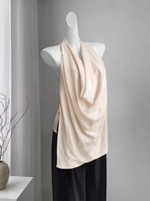 SHEIN Unity Women's Draped Neck Halter Tank Tops,Peach Pink Summer Elegant Brunch Boho Backless Asymmetrical Western Wear Concert Vacation Beach Party - Apricot - View 4