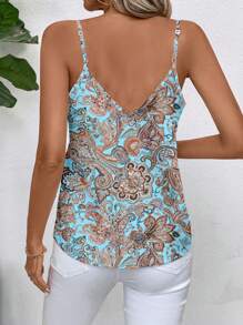 SHEIN Clasi Blue Paisley Print Women Casual Tank Top, Suitable For Summer,Island Vacation Outfits,Going Out Tops,Cute Tops