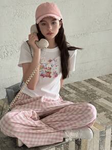 DAZY 2pcs/Set Youth Knit Graphic Print Short Sleeve T-Shirt + Plaid Pants, Spring/Summer - White - View 1