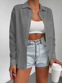 SHEIN Cottnline 100%Cotton Solid Button Front Pocket Patched Shirt - Grey - View 4