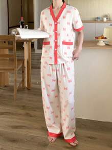 2 Stücke Set für Teenager Mädchen mit niedlicher Schleife, V-Ausschnitt Kurzarm T-Shirt mit Tasche und gerade geschnittener Hose als Loungewear Schlafanzug