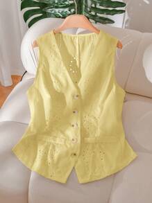 CosyJoli Plus Size Women Embroidery Single Breasted Vest Jacket In ,Slightly Sheer Spring To Summer - Yellow - View 4