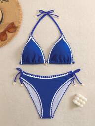 SHEIN Teen Girl Summer Swim Girl's Vacation Striped Trim Halter Neck Tie Bikini Set, 2pcs/Set,Summer Beach