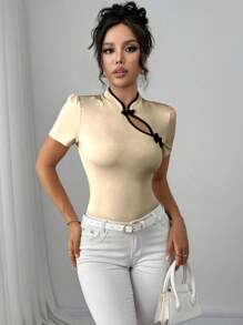 Elenzga Camiseta de cuello alto ajustada con logo de Tencent para mujer, de verano