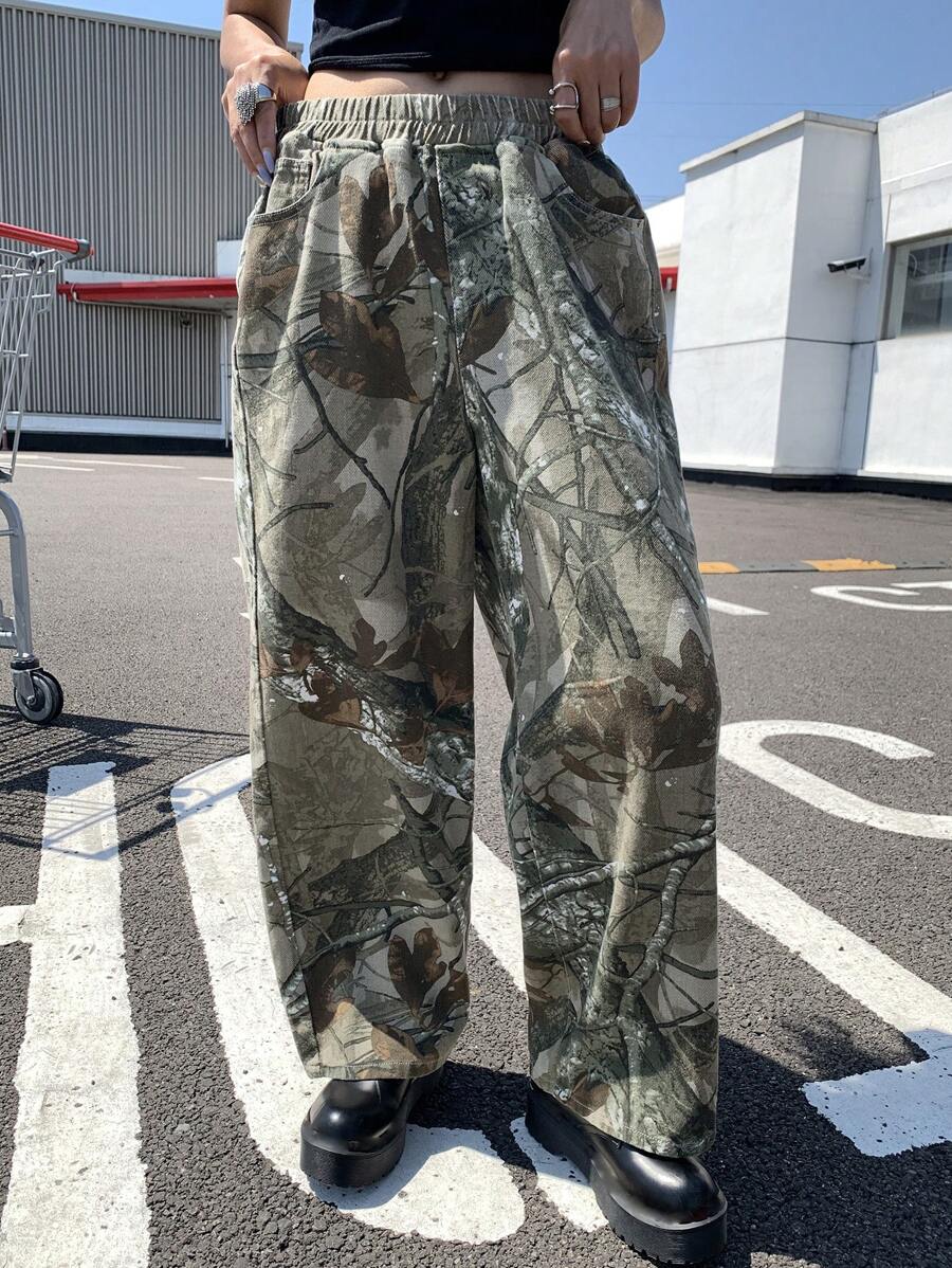 DAZY 女式树枝印花松紧腰宽松直筒牛仔裤 - 軍綠色 - 查看 1
