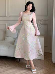 DAZY Fall New Elegant Plant Printed Ruffle Hem Midi Dress For Women Long Sleeve Dress Floral Dresses For Women - Pink - View 7