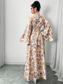 Yasmyna Women's Elegant Floral Print Patchwork Ribbon Dress - Orange - View 2